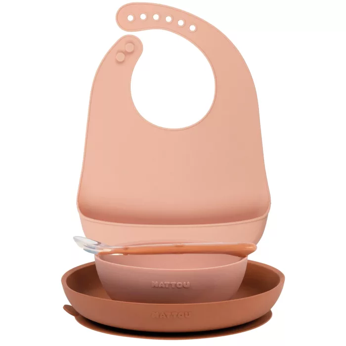 Set Repas Enfant avec Bavoir 4 pièces Silicone - 4 - Taille unique - Rose (Nattou)