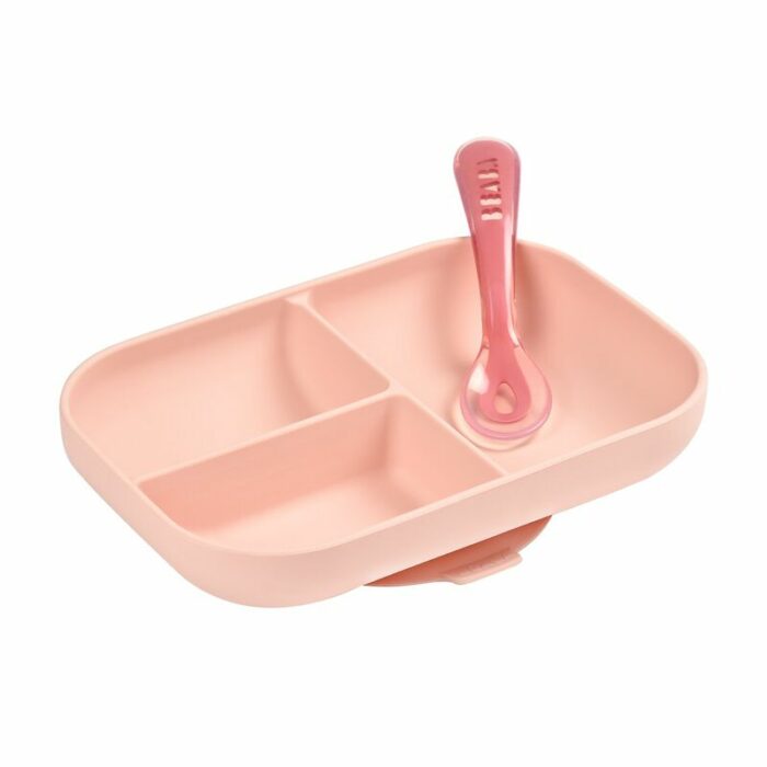 Set repas Silicone - Assiette compartimentée et cuillère 2ème âge Rose (Béaba)