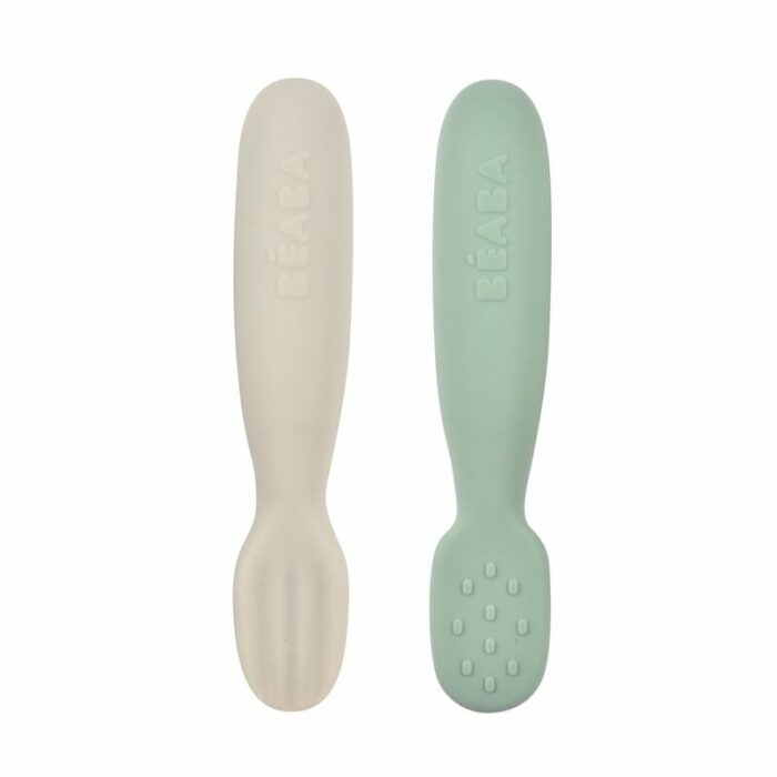 Lot 2 pré-cuillères d'apprentissage silicone Vert sauge/Gris velours (Béaba)