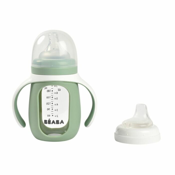 Biberon d'apprentissage en verre 2 en 1 - 210ml Vert sauge (Béaba)