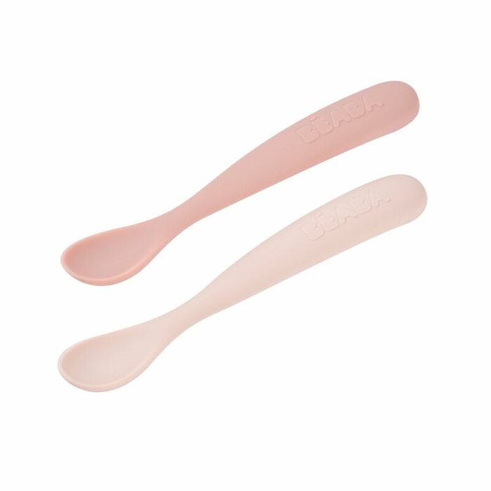 Lot 2 cuillères 1er âge silicone avec boite de transport - Barbe à papa / Guimauve (Beaba)