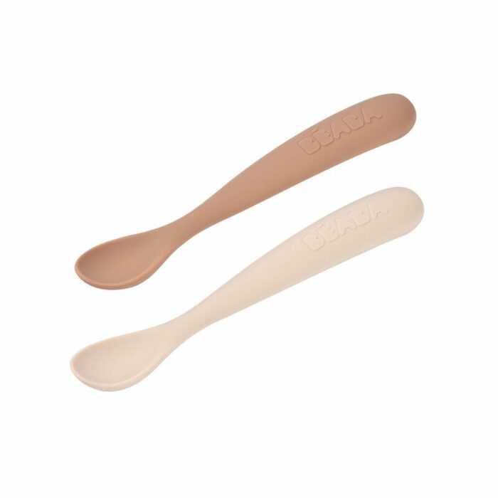 Lot 2 cuillères 1er âge silicone avec boite de transport - Argile / Pralin (Beaba)